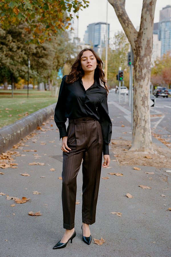 Limited Edition - Luc Italian Chocolate Pinstripe Wool Ciggie Pants