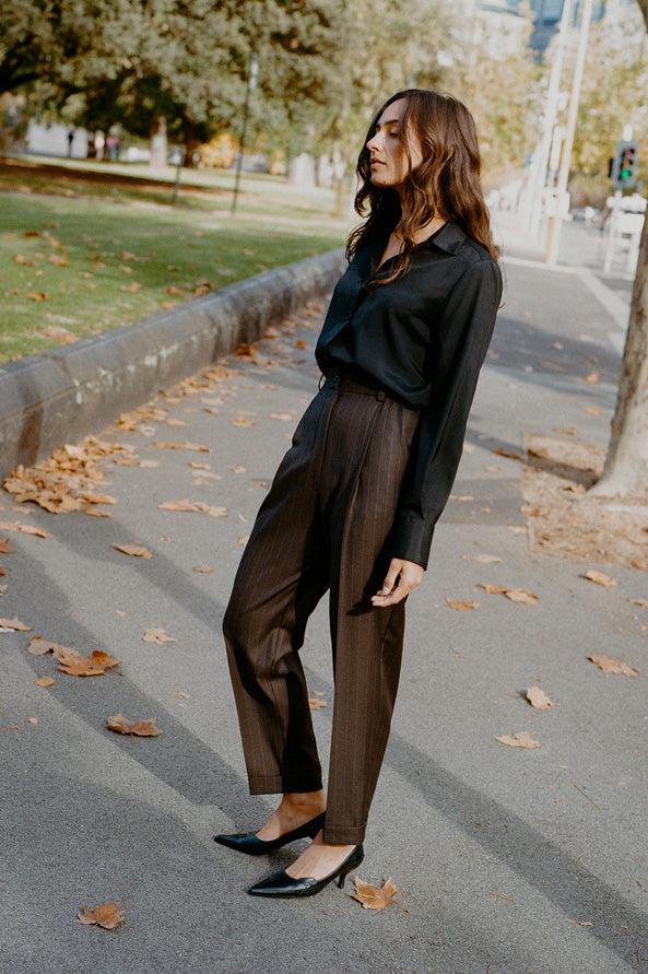 Luc Italian Chocolate Pinstripe Wool Ciggie Pants