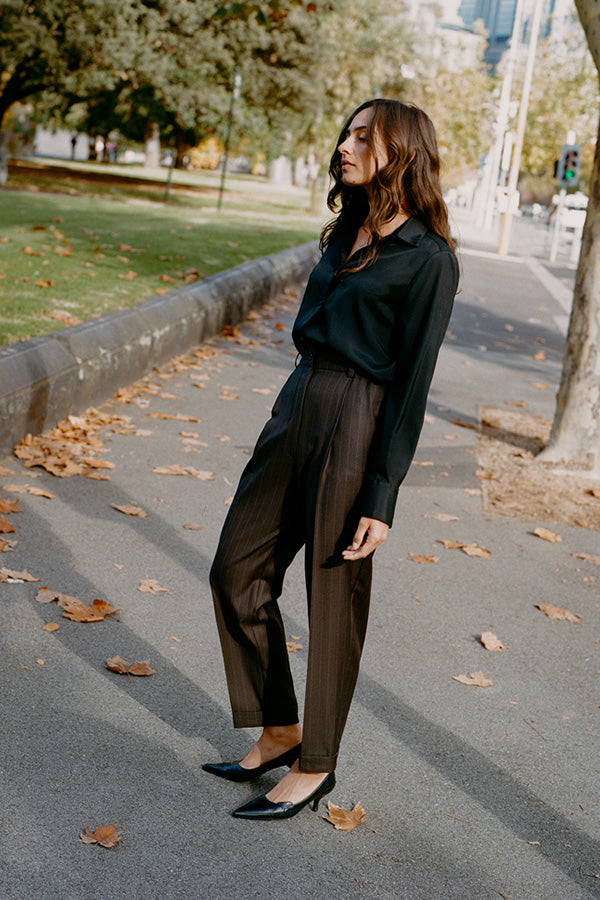 Limited Edition - Luc Italian Chocolate Pinstripe Wool Ciggie Pants