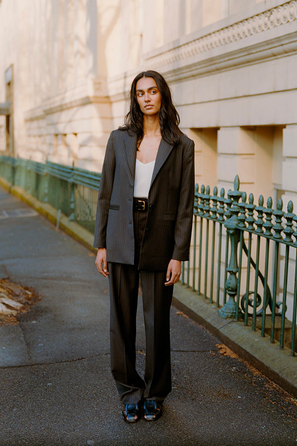 Yu Tailored Smoky Brown Italian Pinstripe Wool Pants