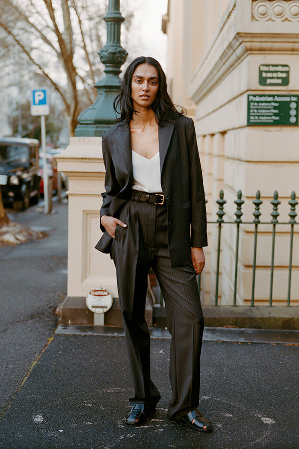 Yu Tailored Smoky Brown Italian Pinstripe Wool Pants