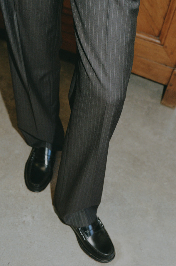 Yu Tailored Smoky Brown Italian Pinstripe Wool Pants