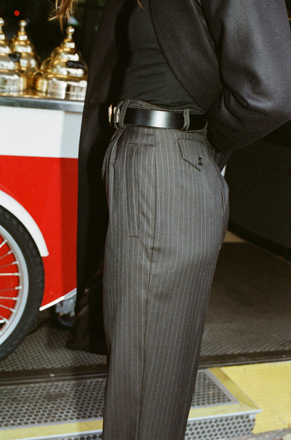 Yu Tailored Smoky Brown Italian Pinstripe Wool Pants